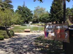 Signage in San Lorenzo Park prompting people to take our survey